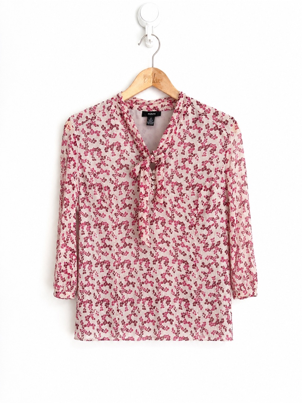 Alfani 100% Silk Floral Tie Neck Blouse Romantic Cottagecore 12